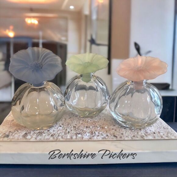 Source Unknown Other - glass ribbed perfume bottle hibiscus stopper Blue, Green, Pink set of 3‎